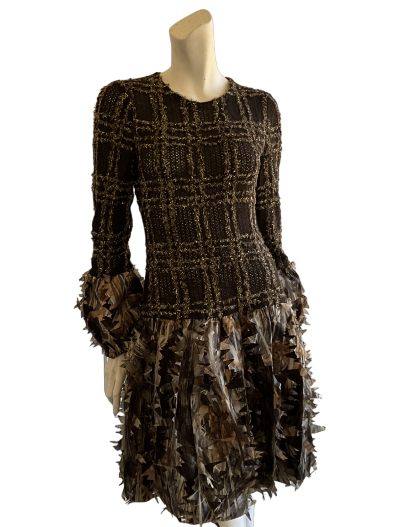 Brown and Gold Knit Top with Fringed Poly Bottom and Sleeves