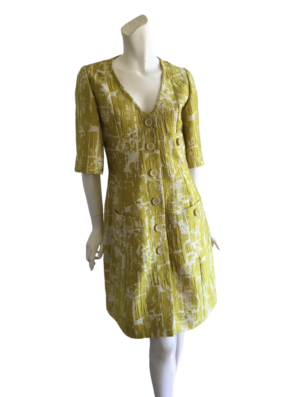 Yellow And Beige Silk Cotton, V- Neck Button Down Front, With Three Quarter Sleeves