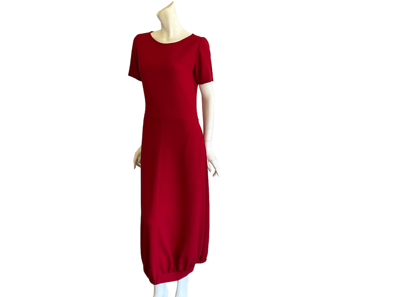 Maxi Red Dress With Gathered Bottom Hem, Polyester Viscose, Two Side Pockets