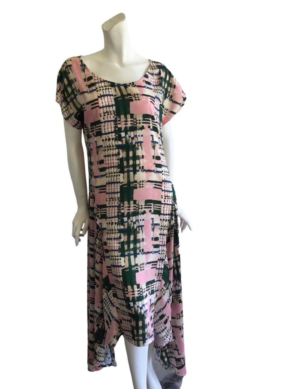 Pink And Green Polyester Dress. With Asymmetrical Hem