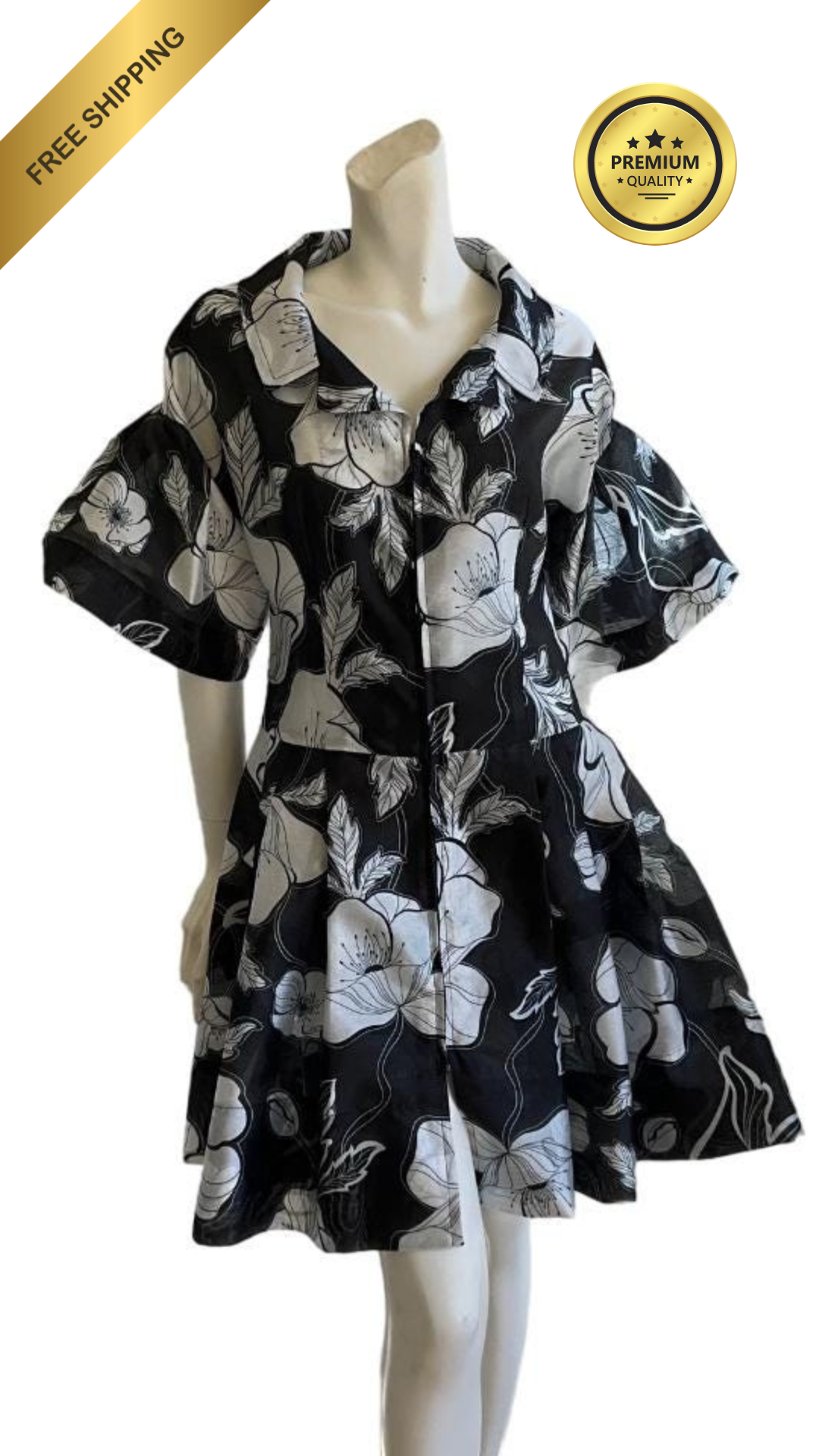 Blue And White  Silk And Polyester Dress With Side Pockets And Three Quarter Sleeves.